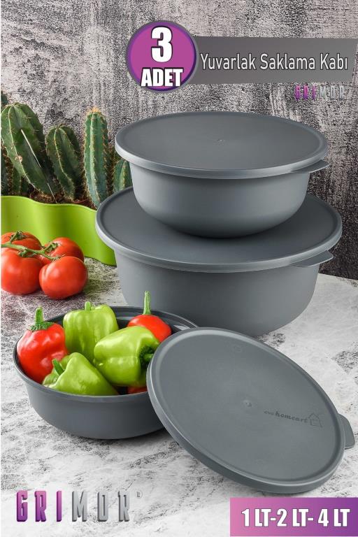 3 Lü Kapaklı Kase Yemek Saklama Kabı- Çırpma Kabı Gri (4LT 2LT 1LT)-derin Dondurucu Ve Mikrodalga